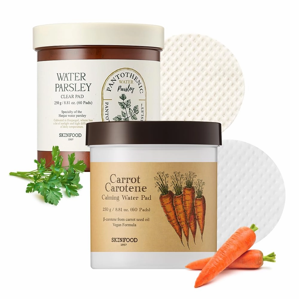 SKINFOOD Carrot Carotene Calming Water Pad and Pantotenic Water Parsley Clear Toner Pad, Exfoliating, Hydrating, Soothing, Moisturizing for Sensitive Skin, Carrot Pad(60pads)&Water Parsley Pad(60pads)