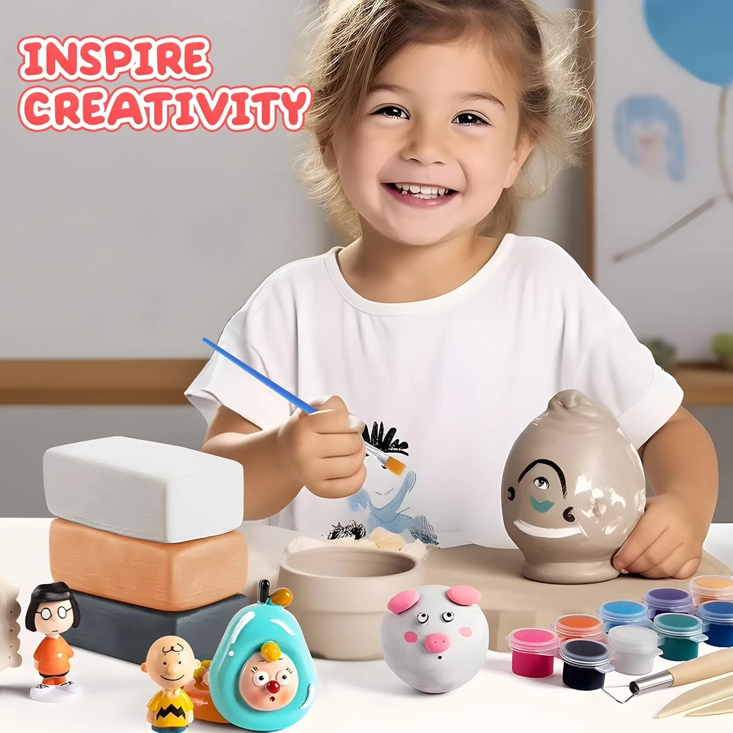 Skirfy Pottery Clay Air Dry Clay Kit,2.6lb of Clay Paint with 6 Paint Pots&Paint Brush,Ceramic Pottery for Wheel,Making Kit for Kids Art Craft for Kids 6 ,White,Gray,Nature Color