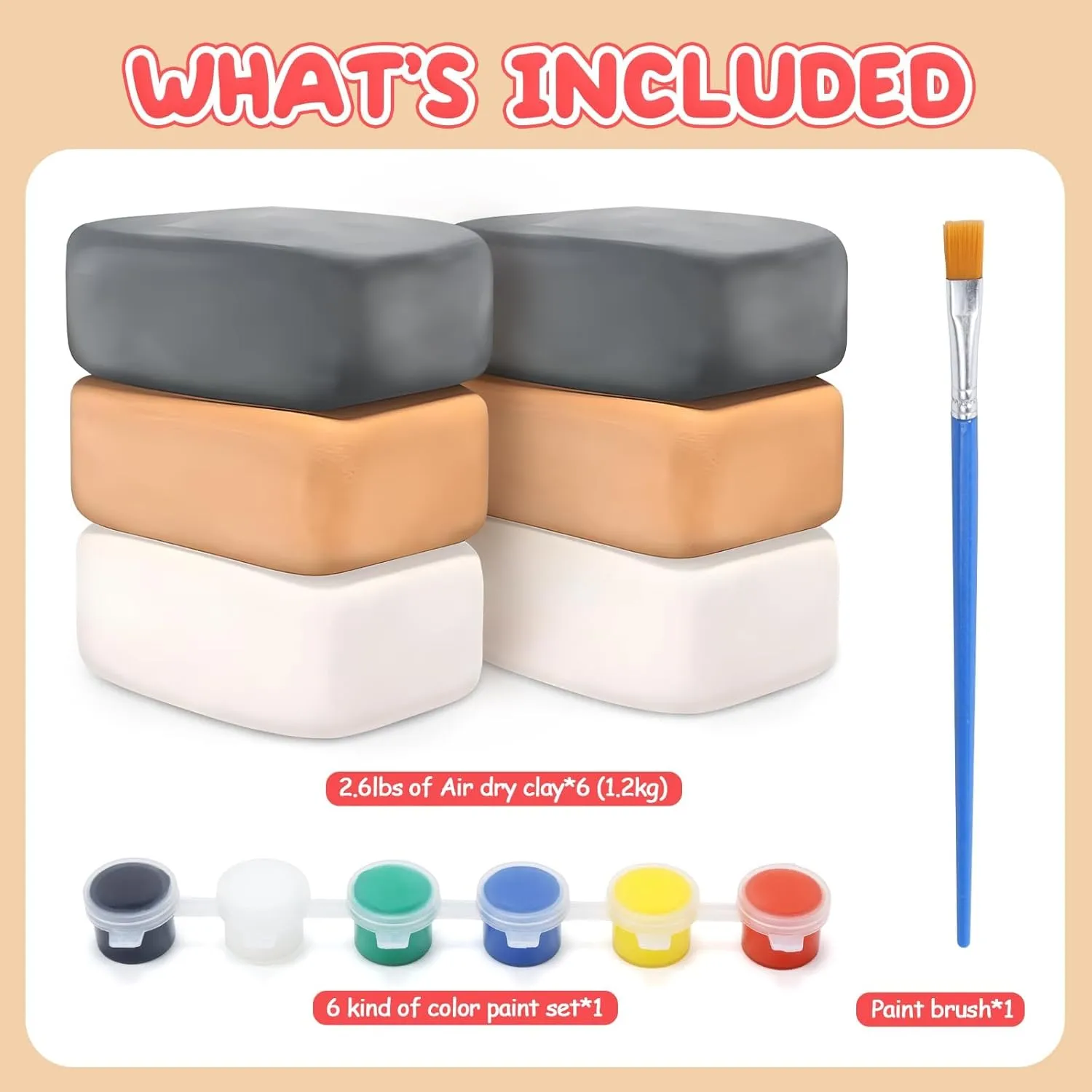 Skirfy Pottery Clay Air Dry Clay Kit,2.6lb of Clay Paint with 6 Paint Pots&Paint Brush,Ceramic Pottery for Wheel,Making Kit for Kids Art Craft for Kids 6 ,White,Gray,Nature Color