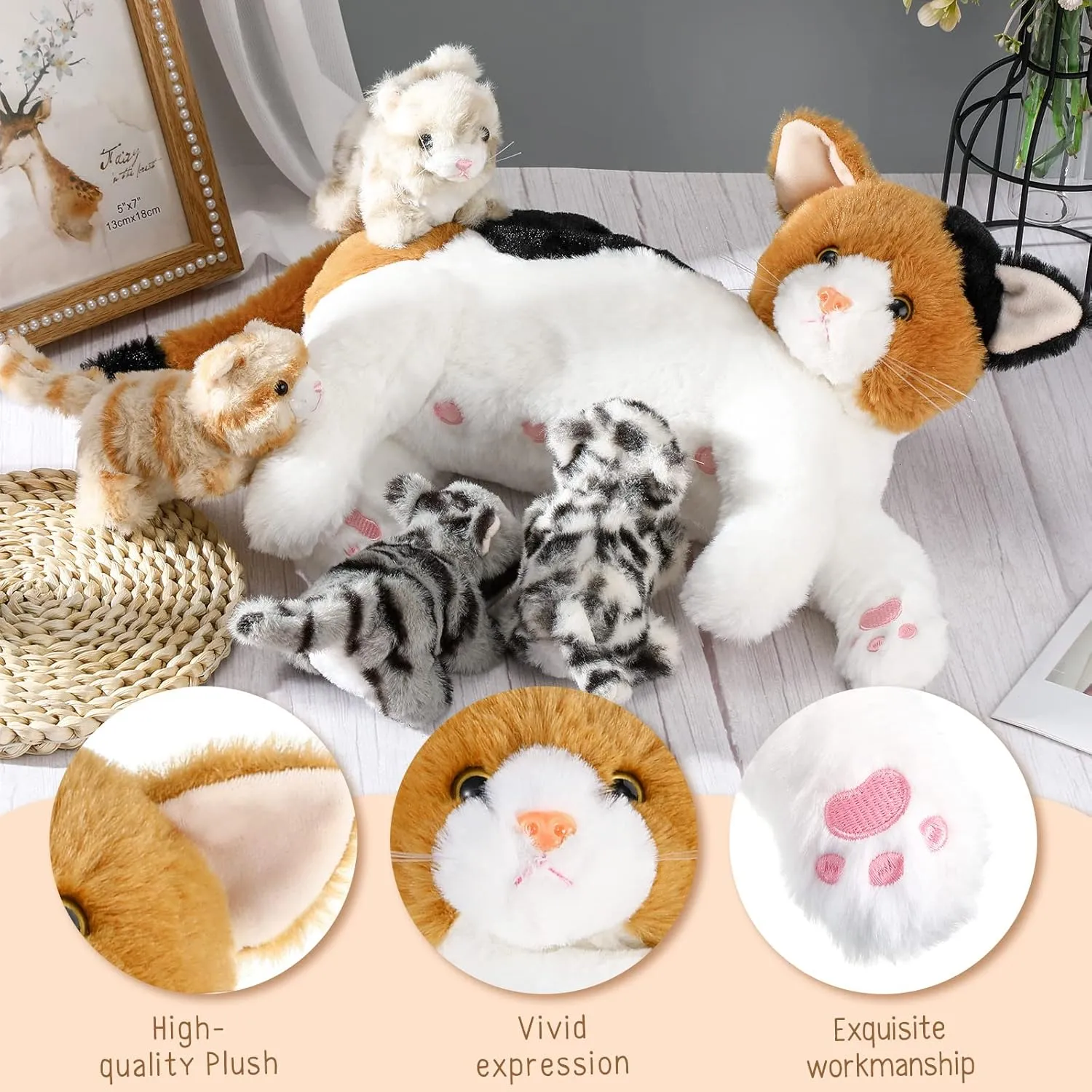 Skylety Nurturing Cat Stuffed Animal with 4 Plush Kittens, Cat Baby Stuffed for Girls and Boys Plushy Mommy Kitty with Baby Kittens for Birthday Party Favors Gifts(Lovely Style)