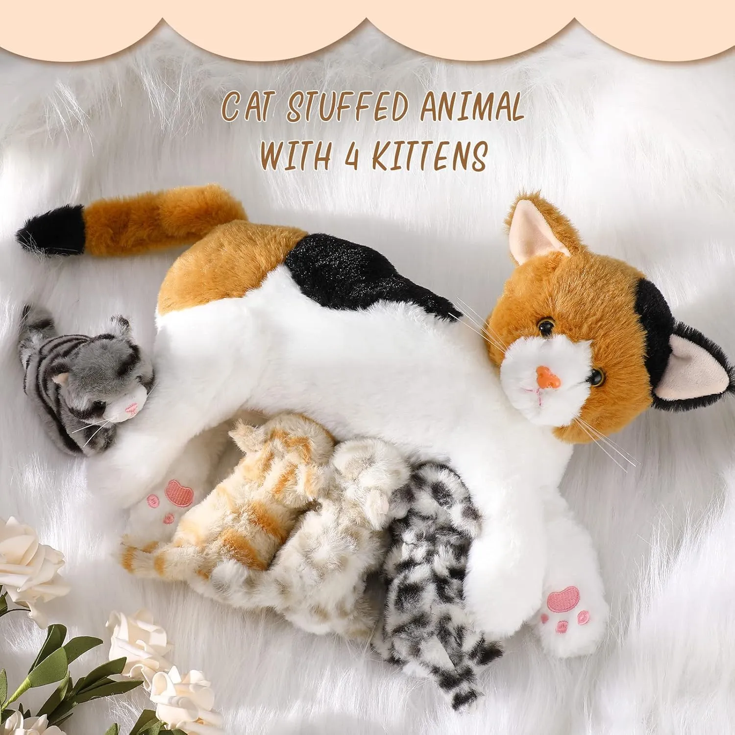 Skylety Nurturing Cat Stuffed Animal with 4 Plush Kittens, Cat Baby Stuffed for Girls and Boys Plushy Mommy Kitty with Baby Kittens for Birthday Party Favors Gifts(Lovely Style)