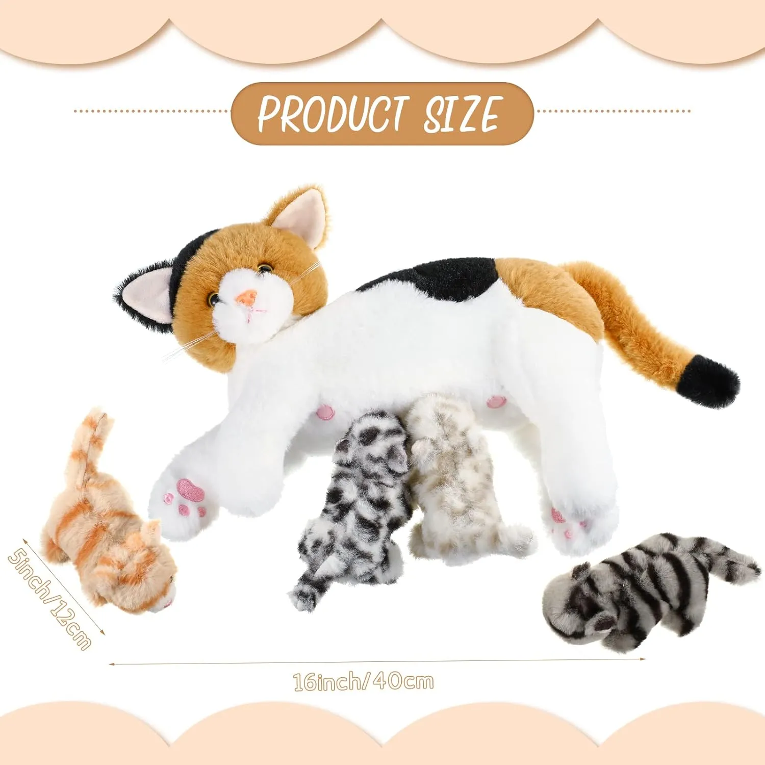 Skylety Nurturing Cat Stuffed Animal with 4 Plush Kittens, Cat Baby Stuffed for Girls and Boys Plushy Mommy Kitty with Baby Kittens for Birthday Party Favors Gifts(Lovely Style)