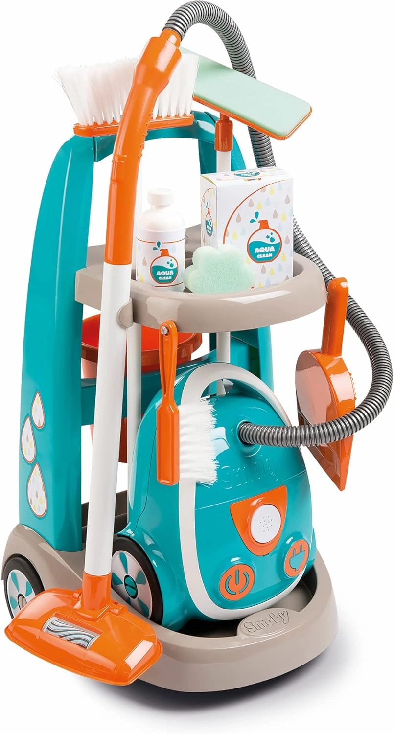 Smoby Cleaning Trolley - Toy Vacuum Cleaner with Realistic Lights & Suction Sounds - Toddler Broom, Mop, Brush, Dustpan, Bucket, Toy Empty Packaging, Kids Real Cleaner Pretend Play Set, Age 3 