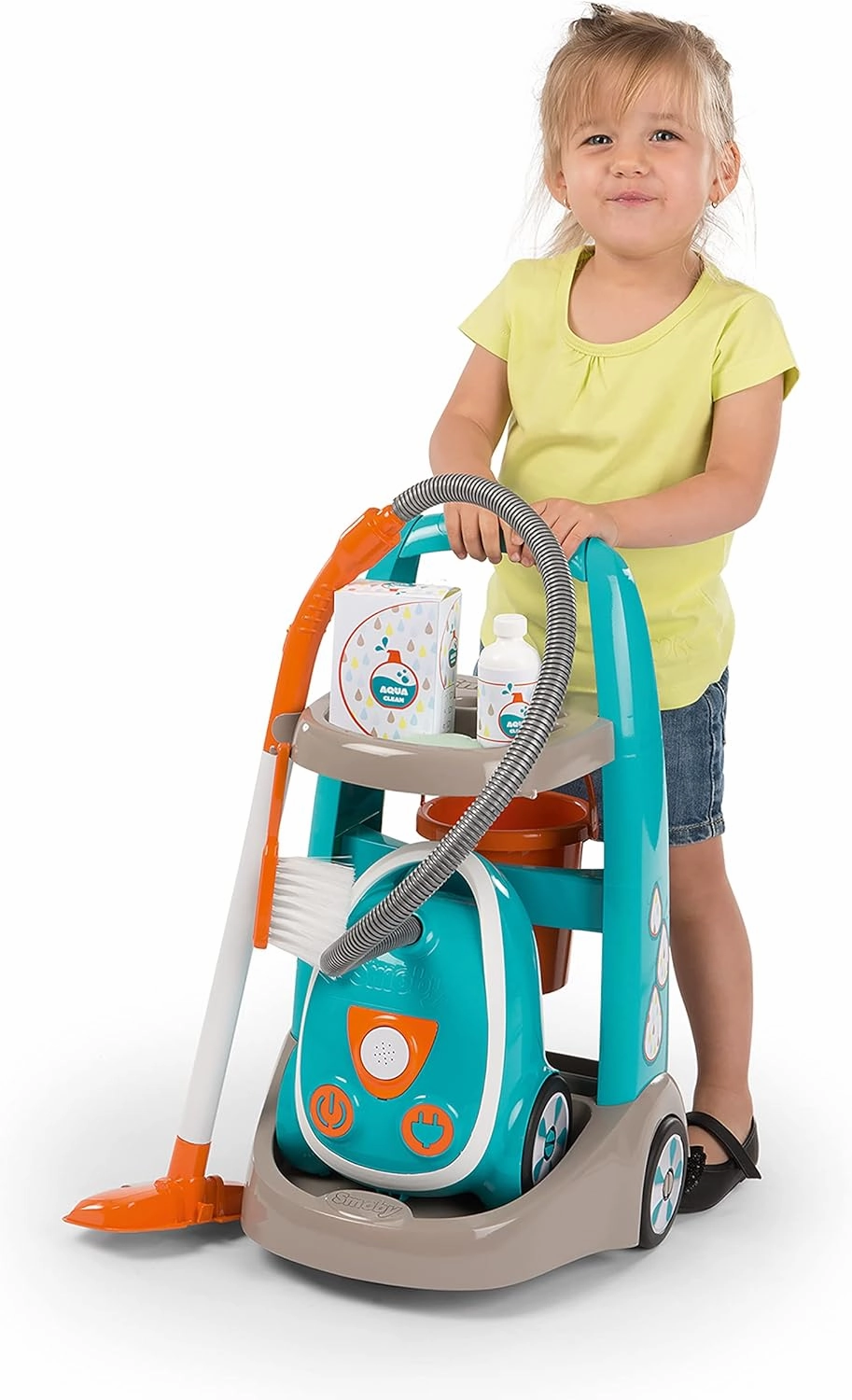 Smoby Cleaning Trolley - Toy Vacuum Cleaner with Realistic Lights & Suction Sounds - Toddler Broom, Mop, Brush, Dustpan, Bucket, Toy Empty Packaging, Kids Real Cleaner Pretend Play Set, Age 3 