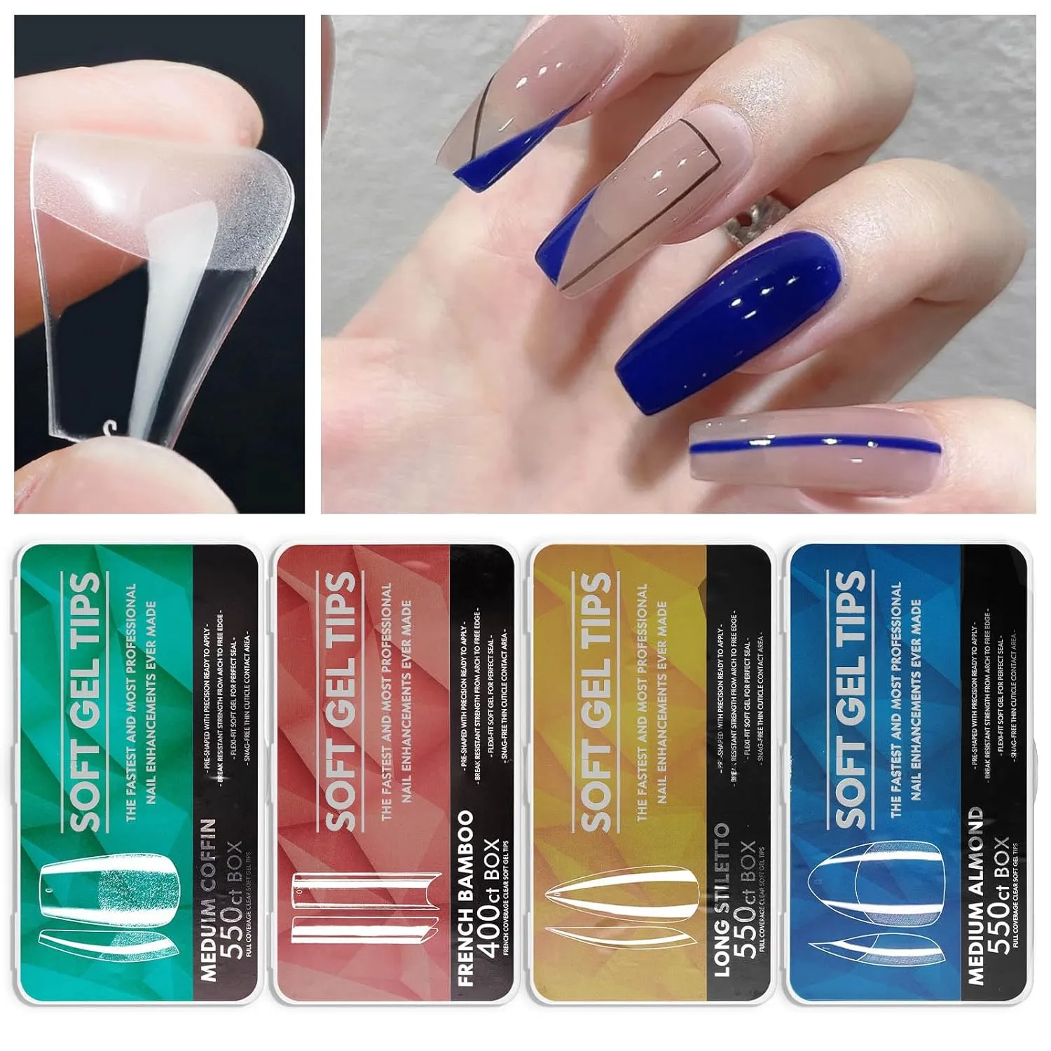 Soft Gel Curved Nail Tips, Full Cover Clear Gelly False Nail, Half Matte Acrylic Fake Nail, Press on Nail Tips Set for Extension, Home DIY Salon Manicure Nail art (Half Cover 4, 550PCS)
