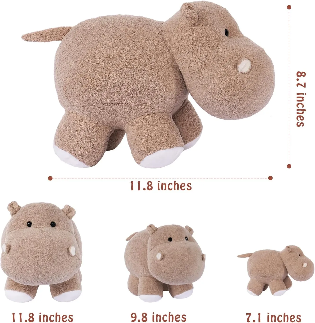 Soft Hippo Stuffed Animals - (3 Sizes in 1, Gray) Plush Hippopotamus Toy, Fluffy and Cuddly Zoo Gift for Christmas Stocking Stuffers