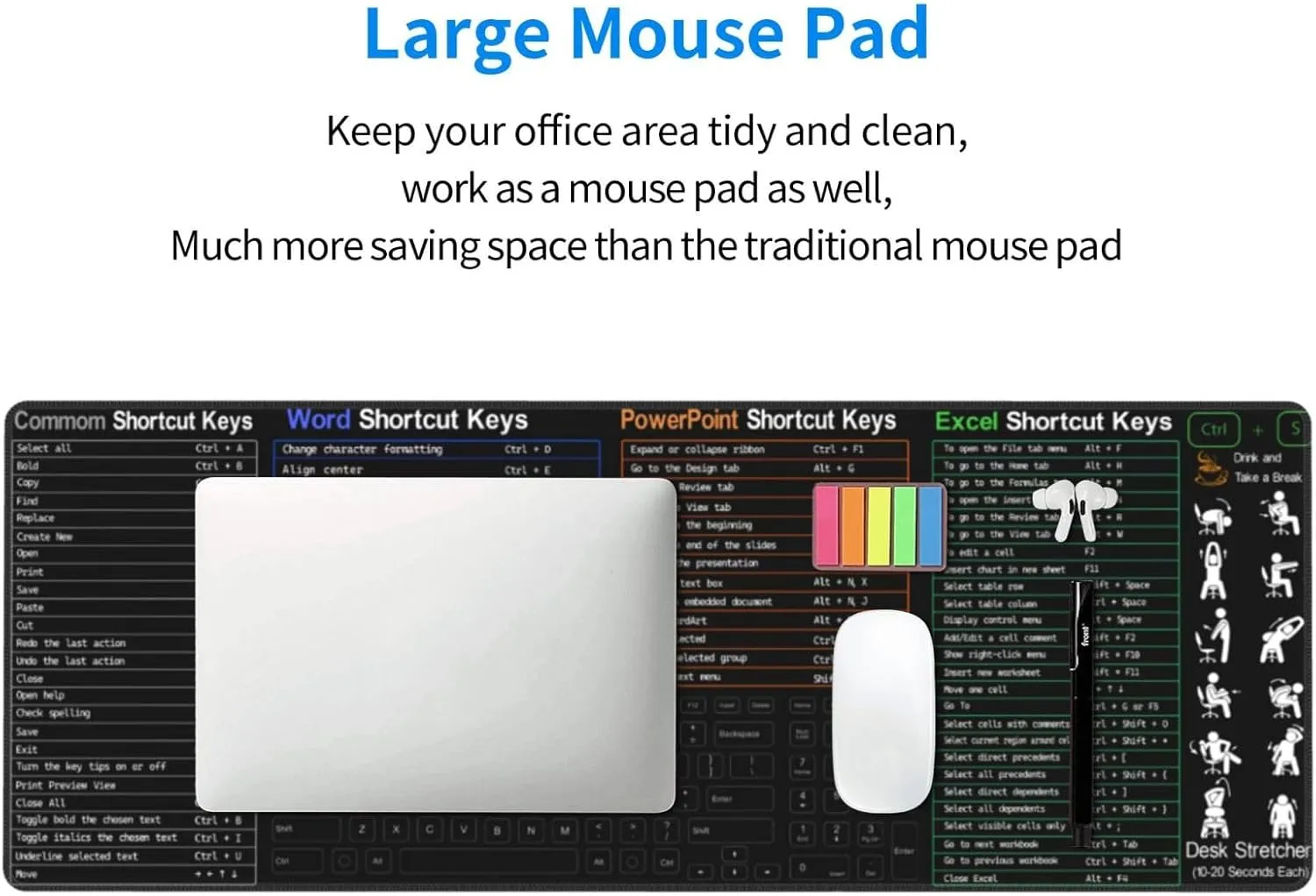 Soft Shortcuts Keys Mouse Pad 31.5 X 11.8 Inch XL Non Slip Stitched Edges Rubber Mousepad