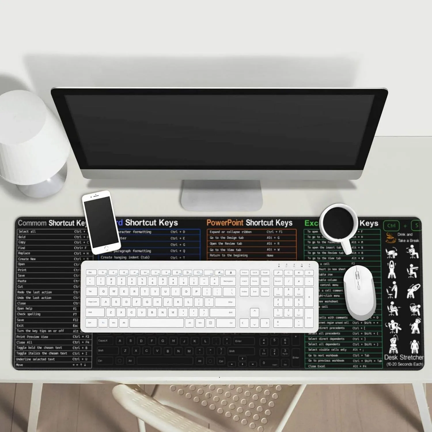 Soft Shortcuts Keys Mouse Pad 31.5 X 11.8 Inch XL Non Slip Stitched Edges Rubber Mousepad