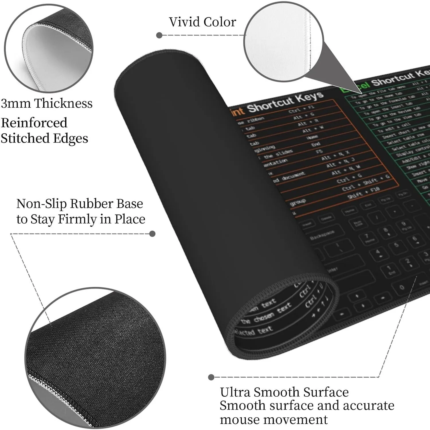 Soft Shortcuts Keys Mouse Pad 31.5 X 11.8 Inch XL Non Slip Stitched Edges Rubber Mousepad