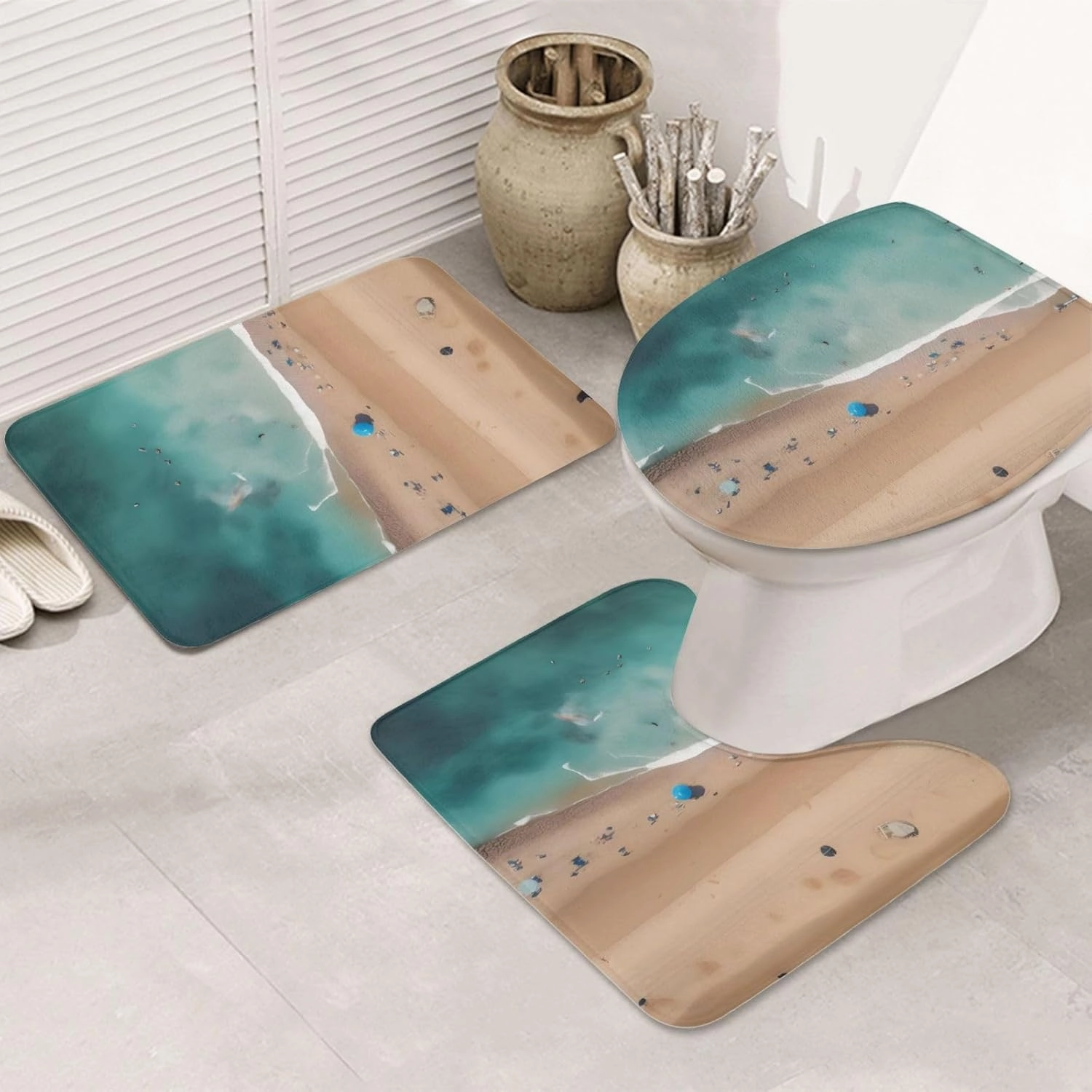 Soft and Comfortable Flannel Bathroom Non Slip Rugs,Super Absorbent Anti-Skid Carpet 3 Pieces/Set Aerial View of The Beach
