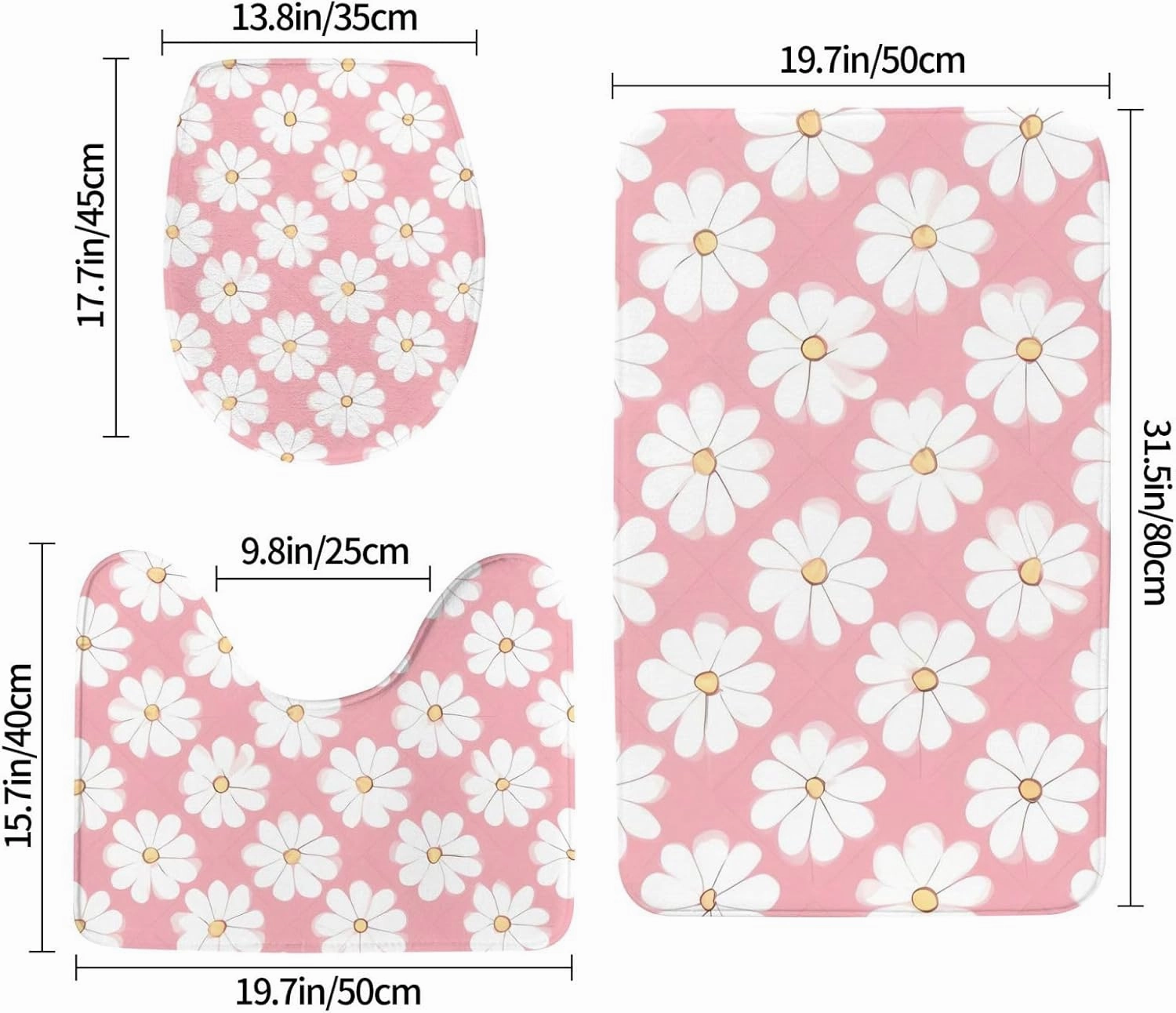 Soft and Comfortable Flannel Bathroom Non Slip Rugs,Super Absorbent Anti-Skid Carpet 3 Pieces/Set White Chrysanthemum Texture Chart