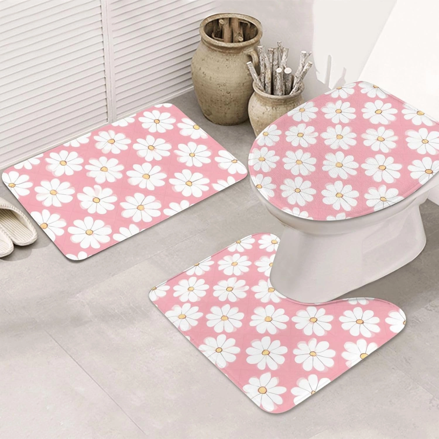 Soft and Comfortable Flannel Bathroom Non Slip Rugs,Super Absorbent Anti-Skid Carpet 3 Pieces/Set White Chrysanthemum Texture Chart