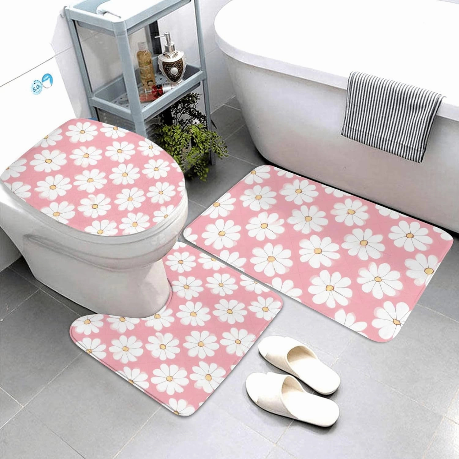 Soft and Comfortable Flannel Bathroom Non Slip Rugs,Super Absorbent Anti-Skid Carpet 3 Pieces/Set White Chrysanthemum Texture Chart