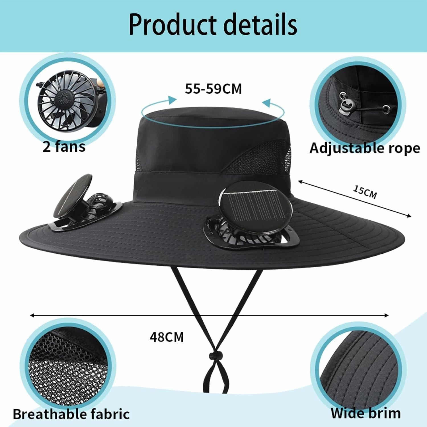 Solar Fan Hat, Outdoor Wide Brim Solar Fan Hat with 2 Solar Fans Fishing Hat, Removable & USB Charging for Fishing