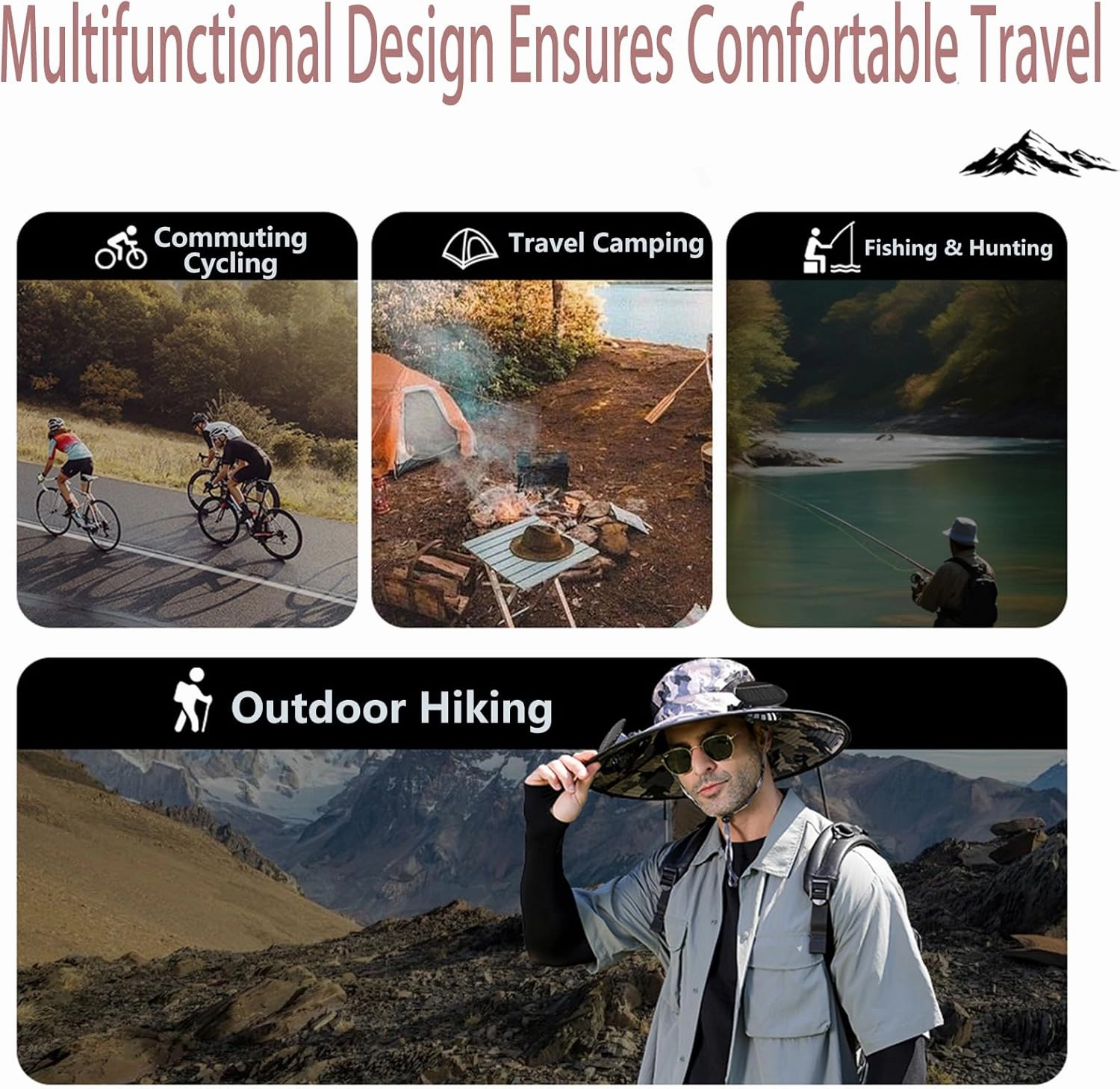 Solar Fan Hat, Outdoor Wide Brim Solar Fan Hat with 2 Solar Fans Fishing Hat, Removable & USB Charging for Fishing