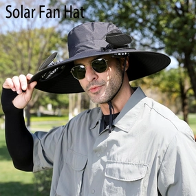 Solar Fan Hat, Outdoor Wide Brim Solar Fan Hat with 2 Solar Fans Fishing Hat, Removable & USB Charging for Fishing
