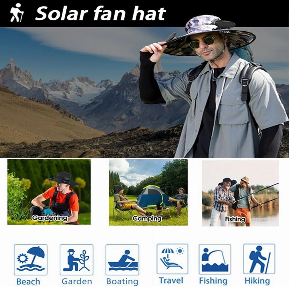 Solar Fan Hat Wide Brim Solar Fan Hat Outdoor Sun Hats for Men Women Fishing Hat with Removable & USB Charging Fan