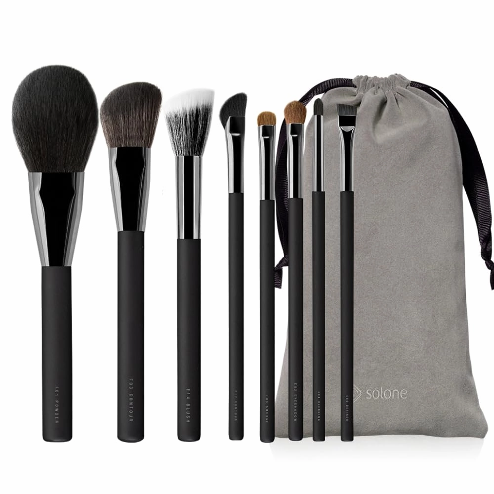 Solone Professional Makeup Artist Brush Set (8pcs) Premium Synthetic Wood Handles - Powder, Contour, Blush, Eyeshadow, Blending, Eye Smudge, and Angled Definer Brushes; Vegan and Cruelty Free