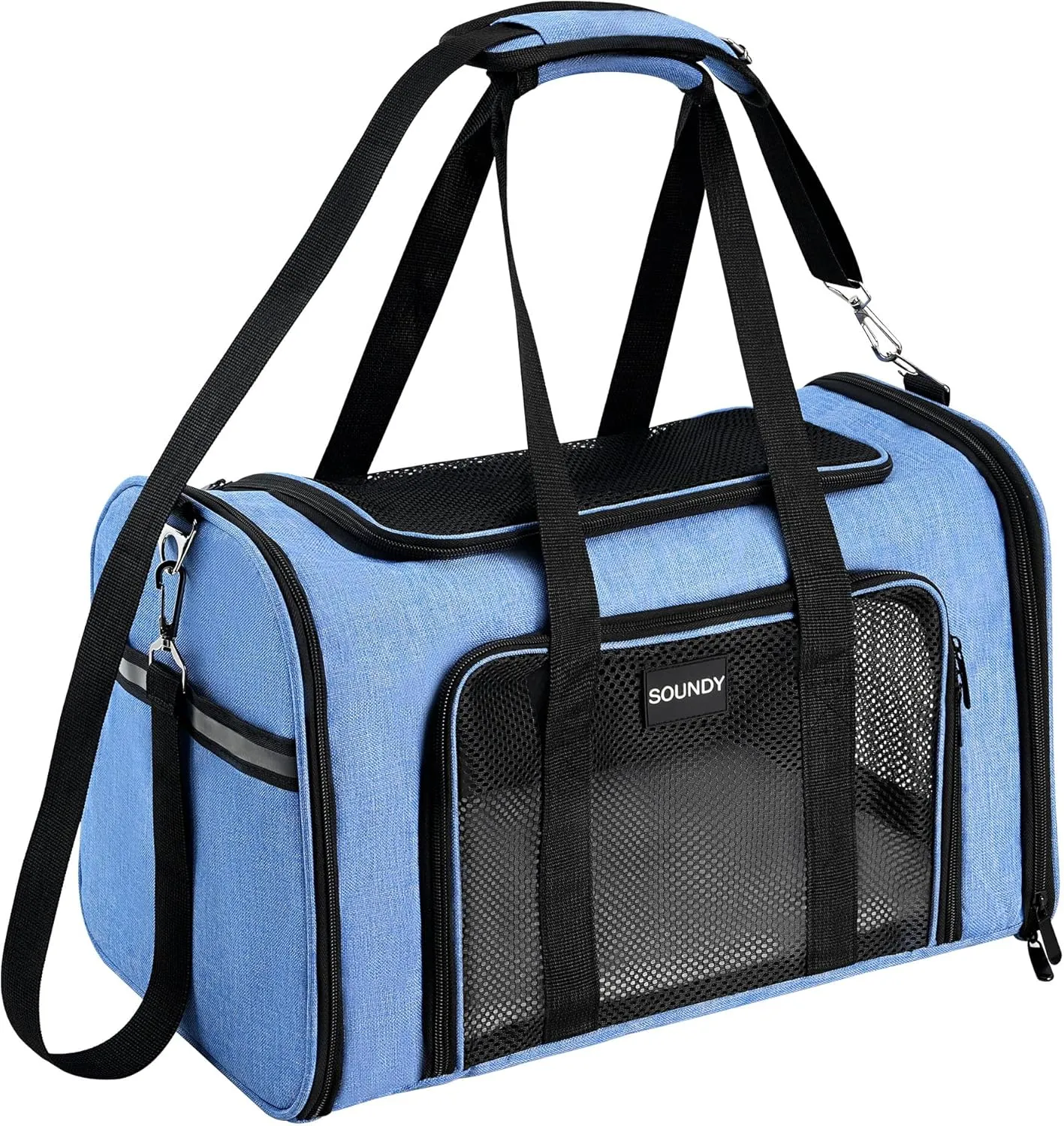 Soundy Large Cat Carrier Dog Carrier Under 25 Lbs,Collapsible Ventilated Portable Pet Bag with Soft Sided Breathable Mesh for Long Car Trips Maxi Load 2 Kittens or Small, Medium Dog (Large Blue)