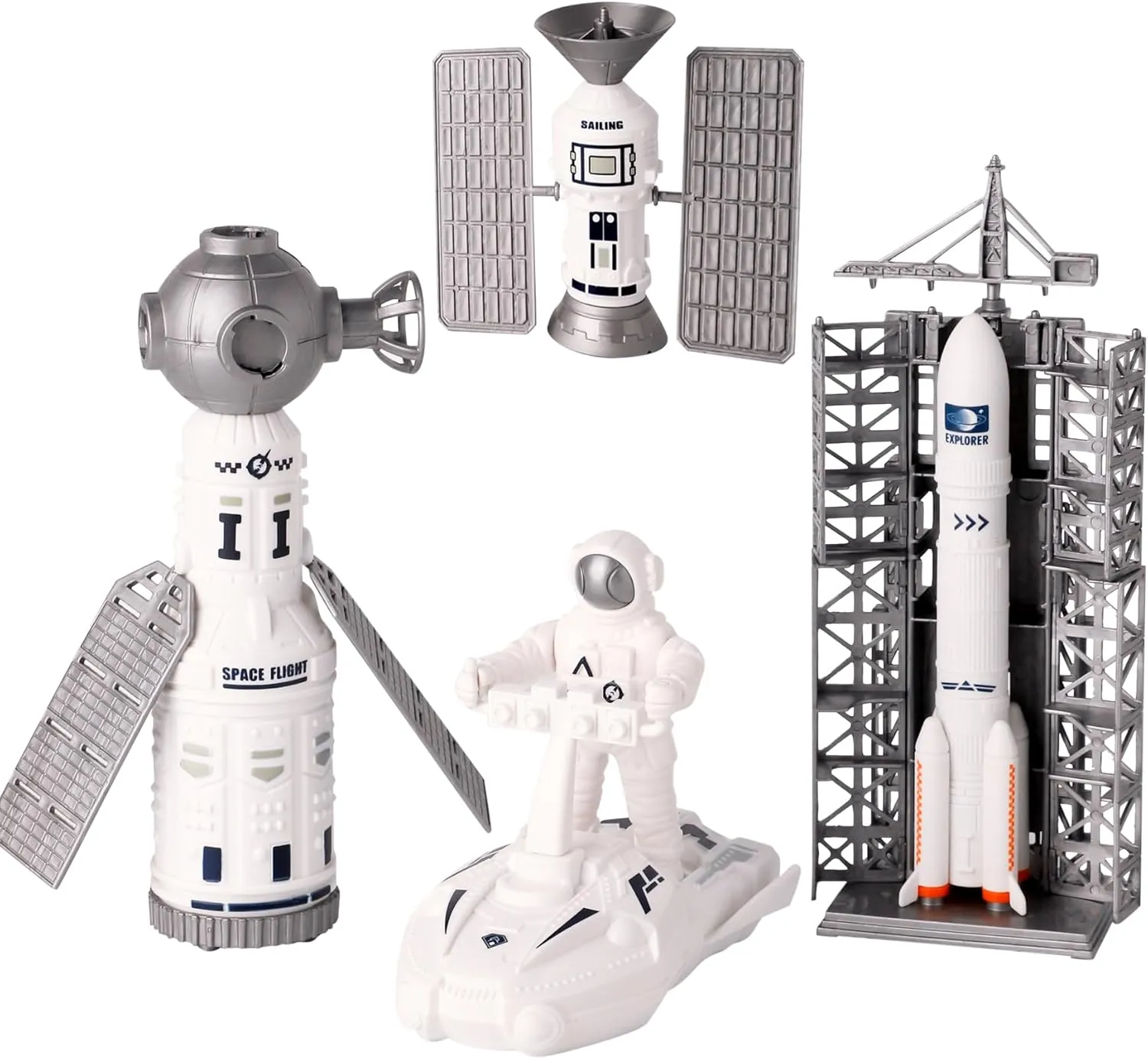 Space Explorer Toy Kit, Space Toys Set with Astronaut Figure, Double Satellite, Pointy Rockets and Launch Towers, Space Scooter, Astronaut Exploration Gift for Exploring Boys and Girls