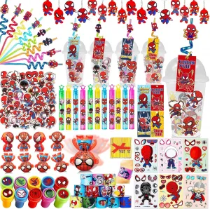 Spider Party Favors Personalize Goody Cups with Tags,170PCS Hero themed Goodie Bag Stuffers with Reusable Straws DIY Sticker Stamper Toy Bubble Wand etc, for Birthday Party Supplies Class reward