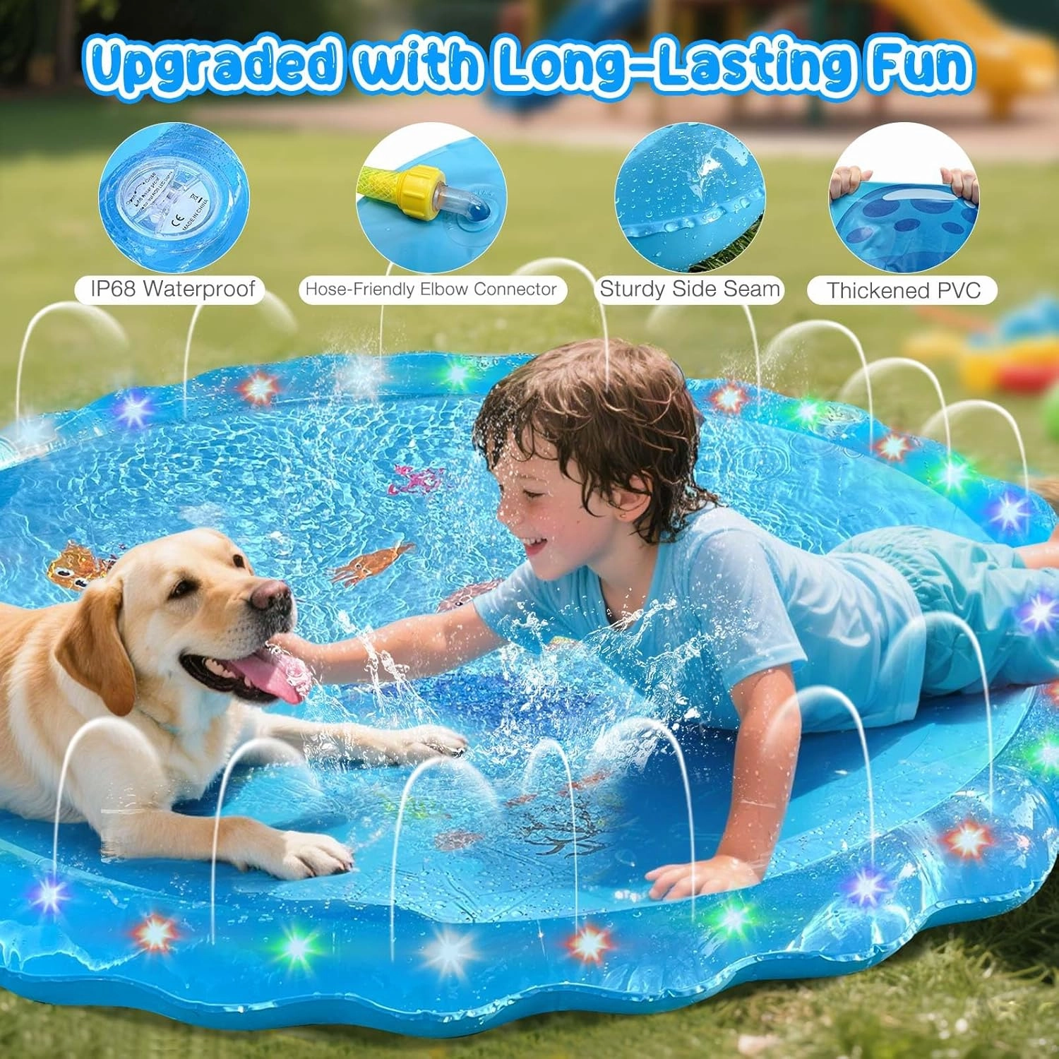 Splash Pad Sprinkler for Kids, 67" Light Up Splash Pads for Toddlers Outside Water Pad, Summer Outdoor Toys Sprinkler Play Mat for Babies, Children and Dogs, Day & Night Backyard Water Toys Gifts