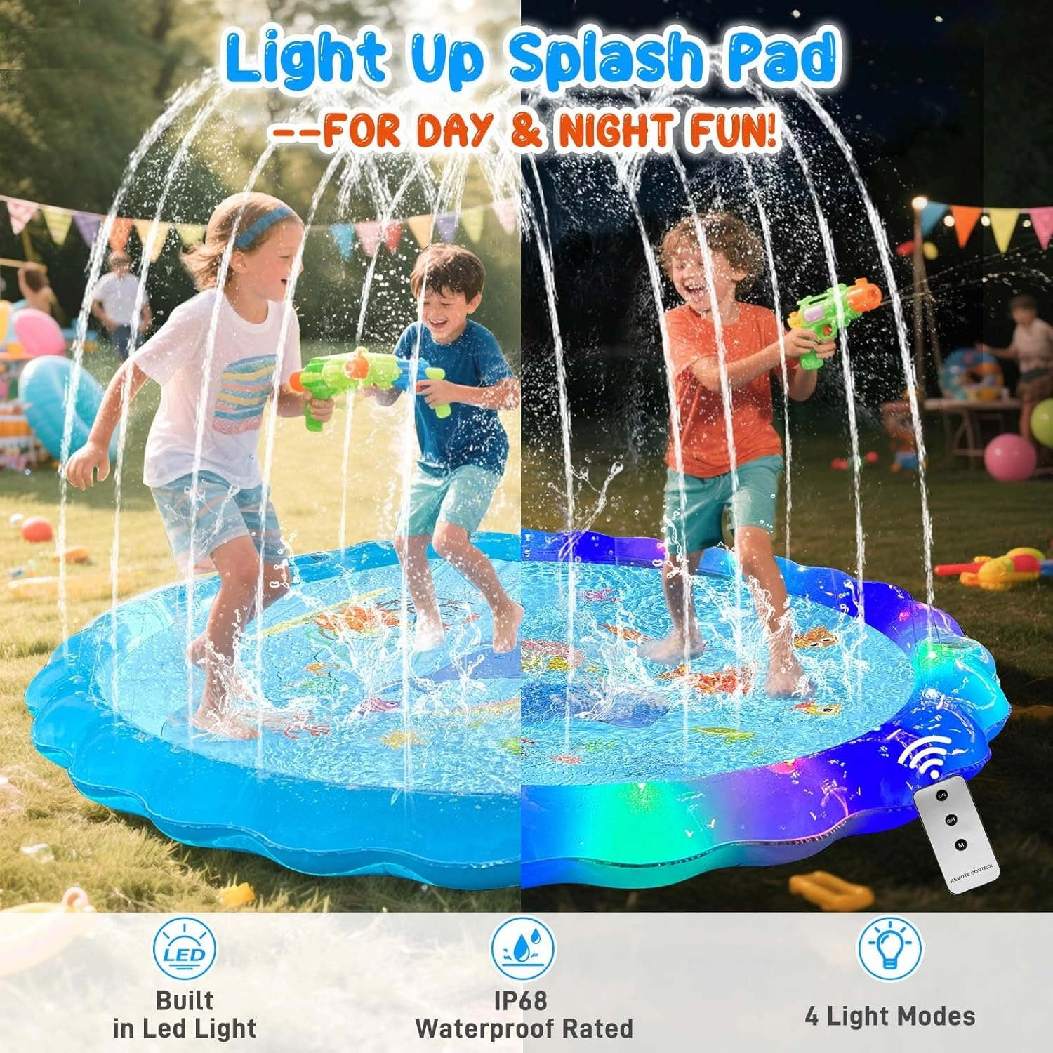 Splash Pad Sprinkler for Kids, 67" Light Up Splash Pads for Toddlers Outside Water Pad, Summer Outdoor Toys Sprinkler Play Mat for Babies, Children and Dogs, Day & Night Backyard Water Toys Gifts