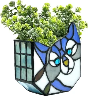 Stained Glass Cat Flower Pot,Cute Pots for Plants,Small Plant Pot with Unique Cat Face Design,Tiltable Terrarium Decoration,4.6x3x5.15 in(Excluding Plants)