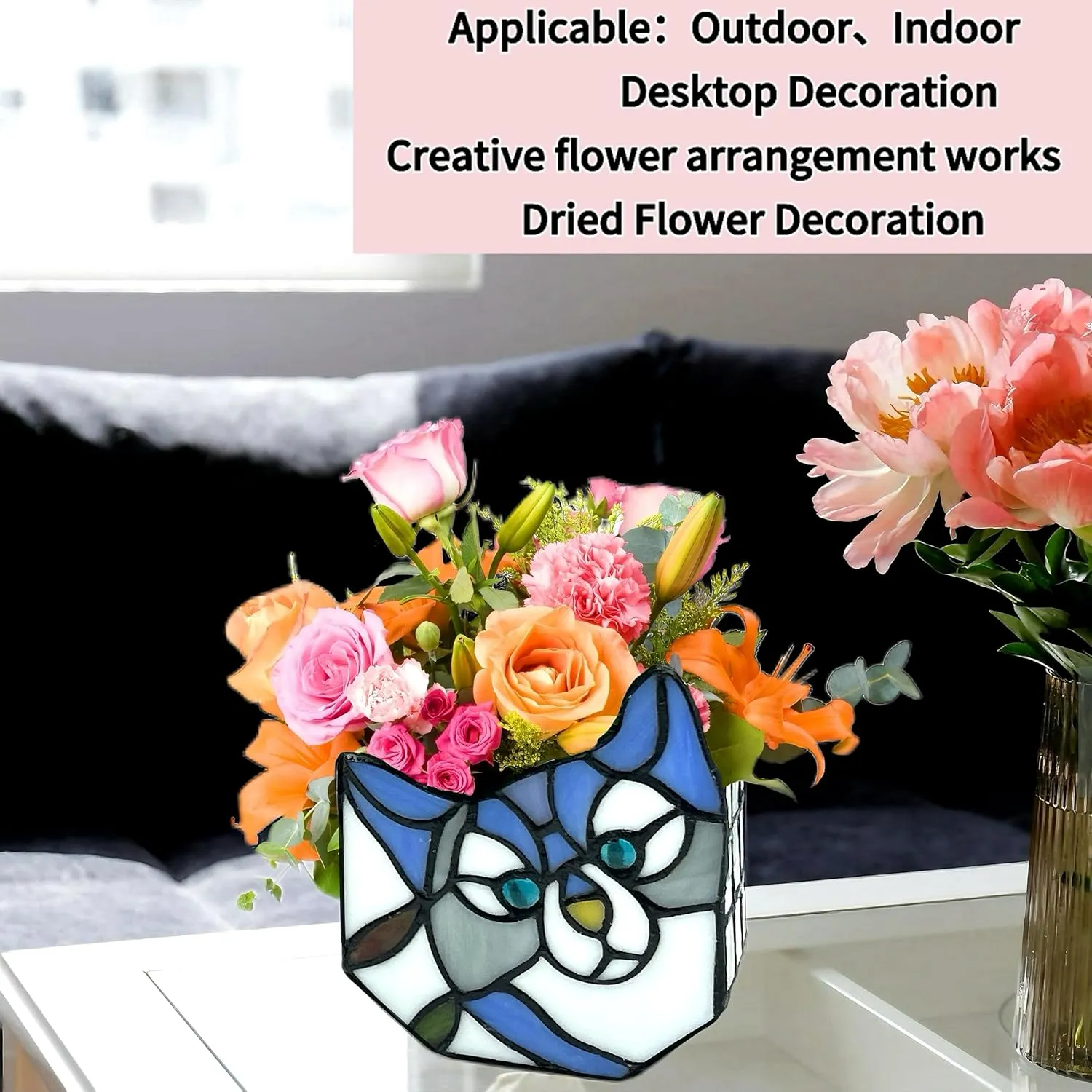 Stained Glass Cat Flower Pot,Cute Pots for Plants,Small Plant Pot with Unique Cat Face Design,Tiltable Terrarium Decoration,4.6x3x5.15 in(Excluding Plants)