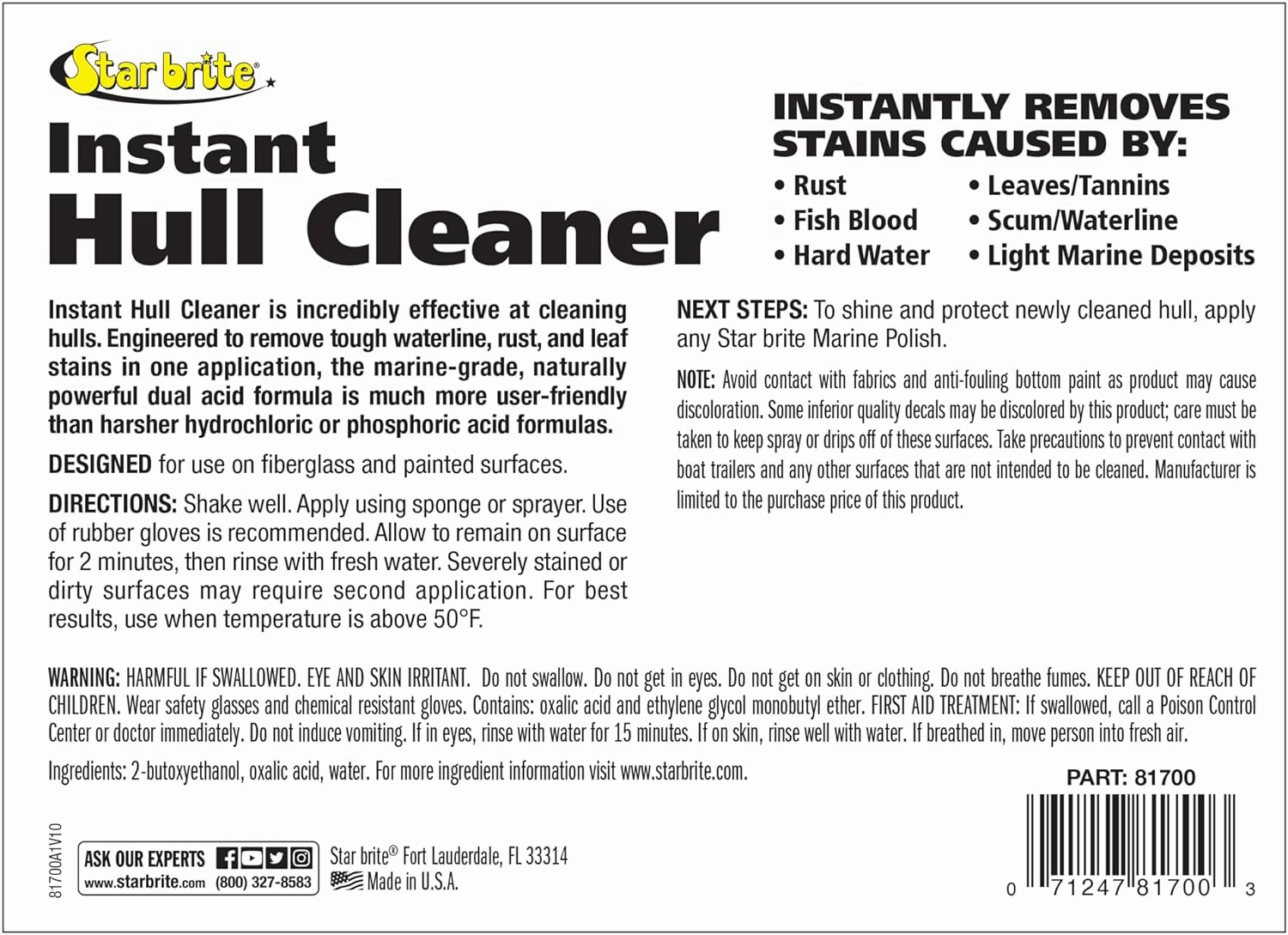 STAR BRITE Instant Hull Cleaner - Easily Remove Stains, Scum Lines & Grime for Boat Hulls, Fiberglass, Plastic & Painted Surfaces - Wipe On, Rinse Off Formula - 128 Ounce Gallon (081700)