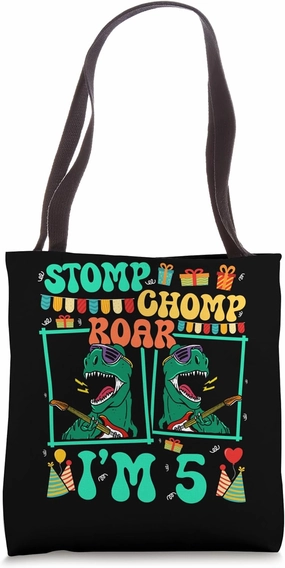 Stomp Chomp Roar I'm 5 Guitar Dinosaur Kid 5th Birthday Tote Bag
