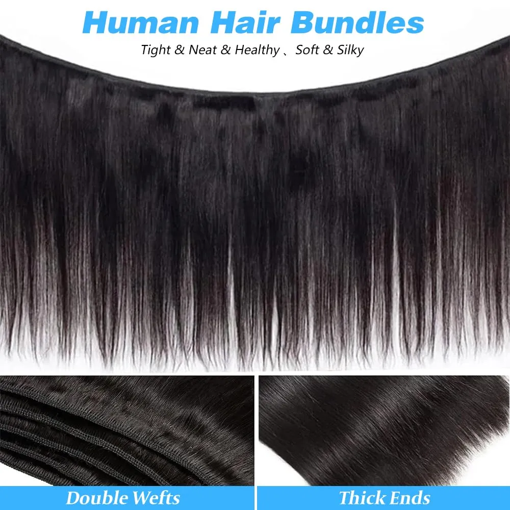Straight Bundles Human Hair 8 10 12 Inch 100% Unprocessed Brazilian Virgin Hair Straight Weave Bundles Human Hair Bundles Real Natural Black Human Hair Extensions