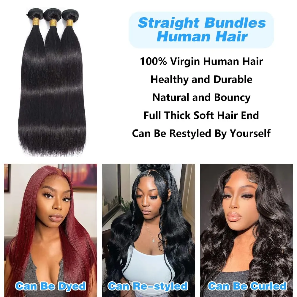 Straight Bundles Human Hair 8 10 12 Inch 100% Unprocessed Brazilian Virgin Hair Straight Weave Bundles Human Hair Bundles Real Natural Black Human Hair Extensions