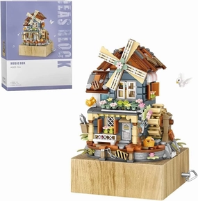 Street View Windmill Music Box Bricks Model Set, 799Pcs DIY Building Block Assembly Mini Particle Construction Toy