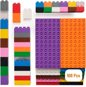 Strictly Briks Toy Building Block, Big Brick Tower Set for Ages 3 and Up, 100% Compatible with All Major Brands, Rainbow Colors, 12 7.5”x3.75” Base Plates and 96 Assorted Big Bricks, 108 Pieces