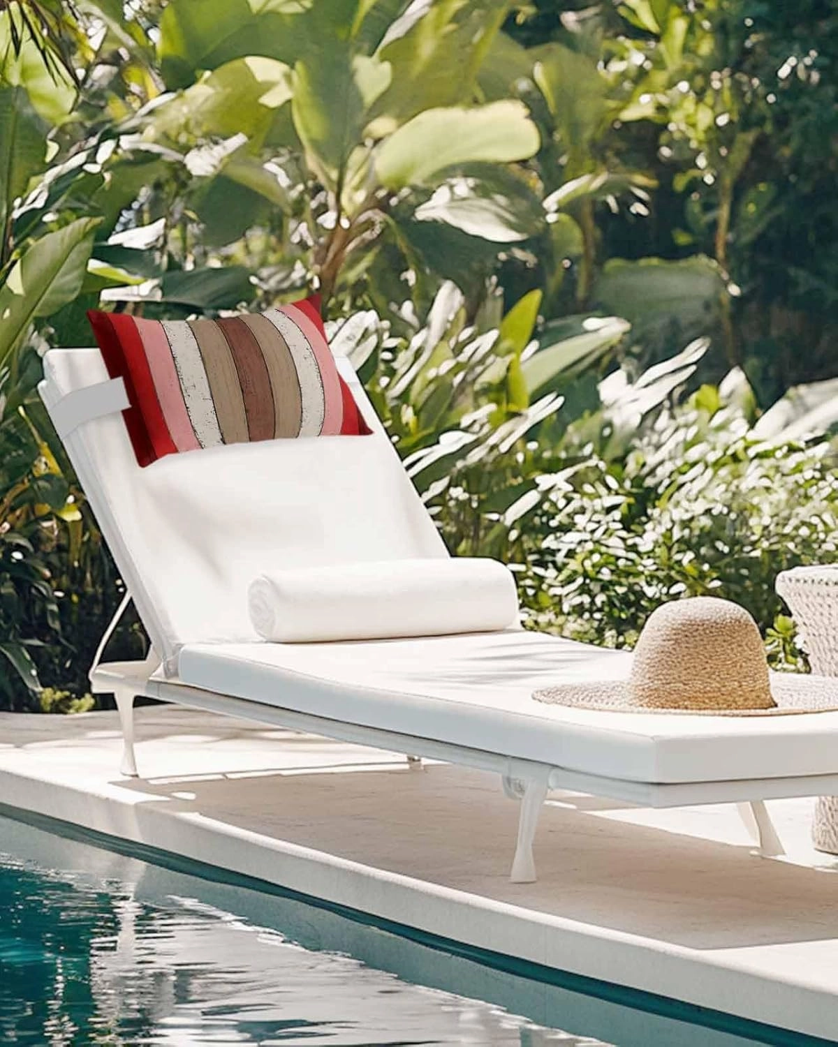 Striped Outdoor Head Resting Pillows with Insert Brown Red Modern Vintage Wood Texture Rectangle 1 Pack Waterproof Lumbar Pillows with Adjustable Elastic Strap for Patio Chaise Beach Chair, 11”x16”