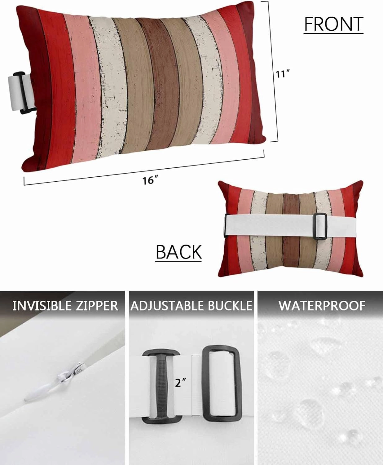 Striped Outdoor Head Resting Pillows with Insert Brown Red Modern Vintage Wood Texture Rectangle 1 Pack Waterproof Lumbar Pillows with Adjustable Elastic Strap for Patio Chaise Beach Chair, 11”x16”
