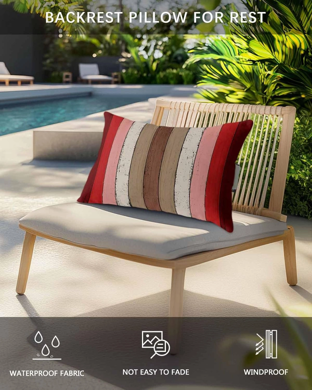 Striped Outdoor Head Resting Pillows with Insert Brown Red Modern Vintage Wood Texture Rectangle 1 Pack Waterproof Lumbar Pillows with Adjustable Elastic Strap for Patio Chaise Beach Chair, 11”x16”