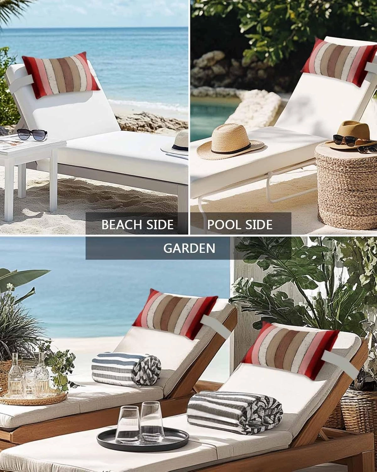 Striped Outdoor Head Resting Pillows with Insert Brown Red Modern Vintage Wood Texture Rectangle 1 Pack Waterproof Lumbar Pillows with Adjustable Elastic Strap for Patio Chaise Beach Chair, 11”x16”