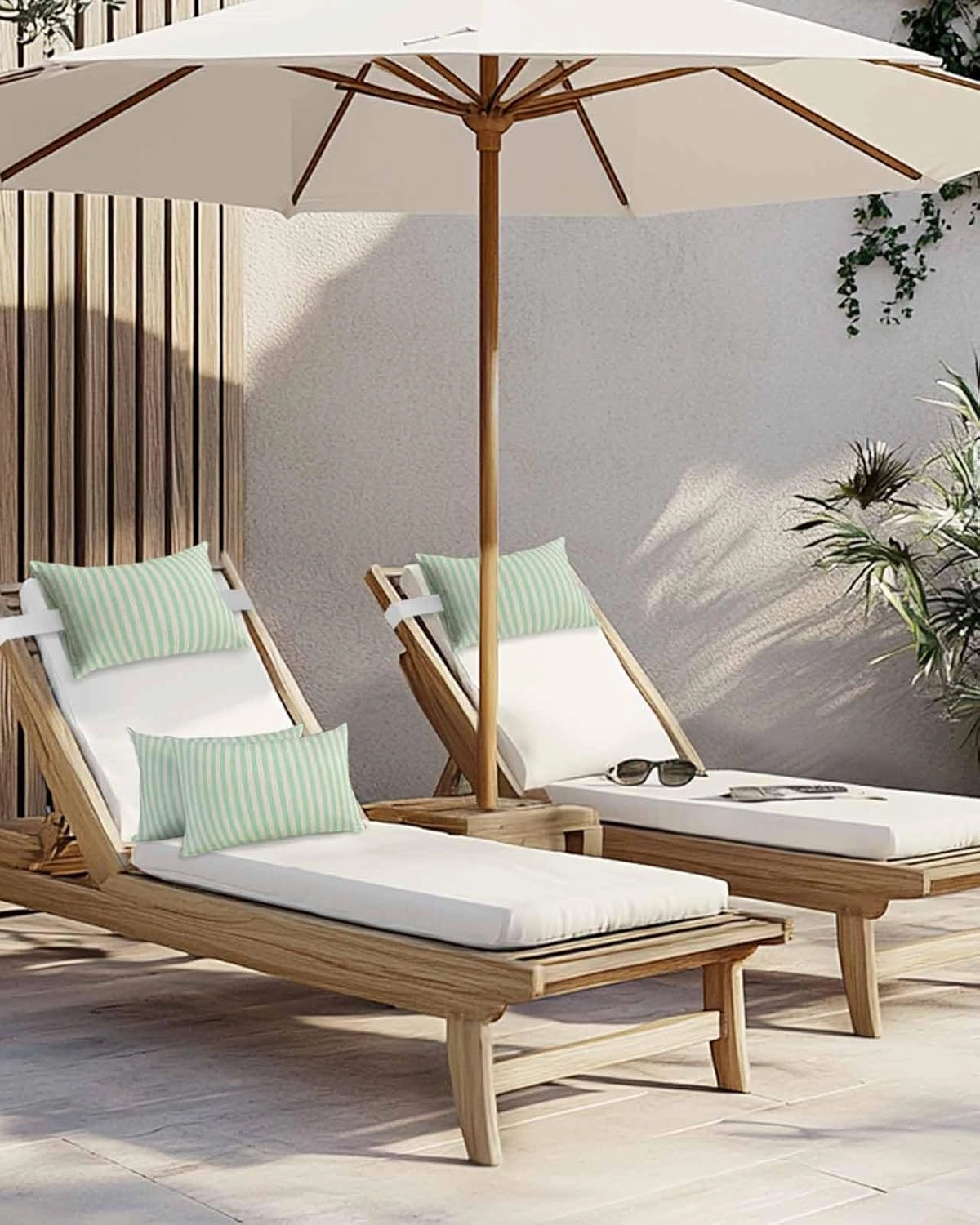Striped Outdoor Head Resting Pillows with Insert Simple White Striped Green Stripes Vintage Linen 1 Pack Waterproof Lumbar Pillows with Adjustable Elastic Strap for Patio Chaise Beach Chair, 12”x20”