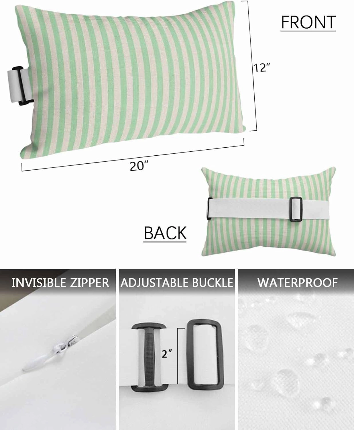 Striped Outdoor Head Resting Pillows with Insert Simple White Striped Green Stripes Vintage Linen 1 Pack Waterproof Lumbar Pillows with Adjustable Elastic Strap for Patio Chaise Beach Chair, 12”x20”