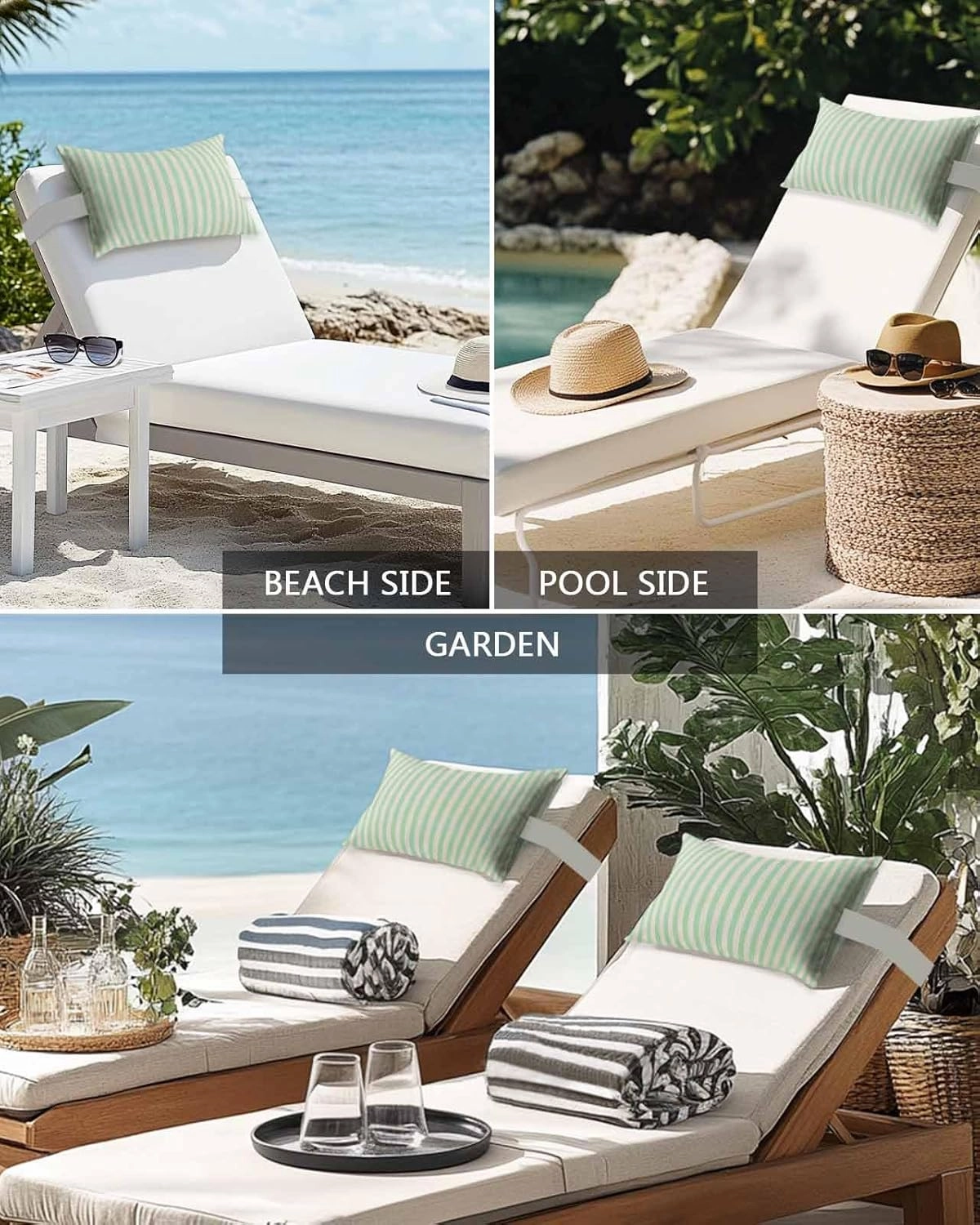 Striped Outdoor Head Resting Pillows with Insert Simple White Striped Green Stripes Vintage Linen 1 Pack Waterproof Lumbar Pillows with Adjustable Elastic Strap for Patio Chaise Beach Chair, 12”x20”