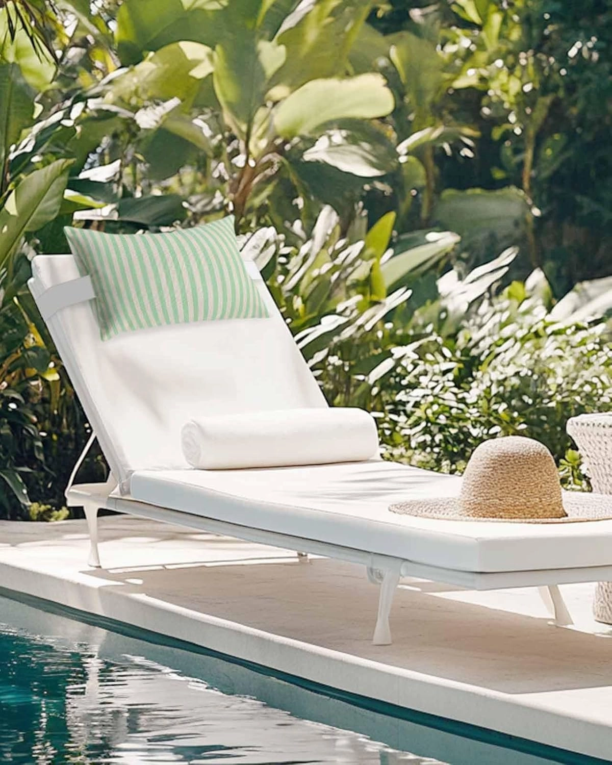 Striped Outdoor Head Resting Pillows with Insert Simple White Striped Green Stripes Vintage Linen 1 Pack Waterproof Lumbar Pillows with Adjustable Elastic Strap for Patio Chaise Beach Chair, 12”x20”