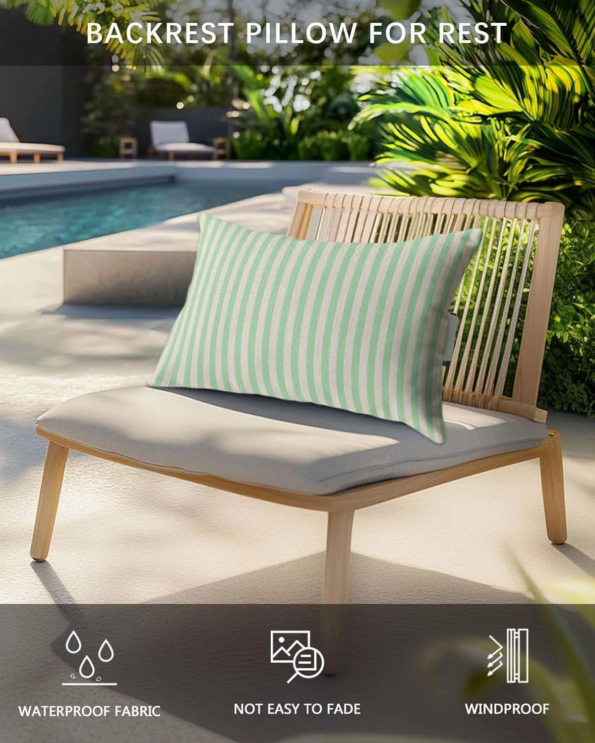 Striped Outdoor Head Resting Pillows with Insert Simple White Striped Green Stripes Vintage Linen 1 Pack Waterproof Lumbar Pillows with Adjustable Elastic Strap for Patio Chaise Beach Chair, 12”x20”
