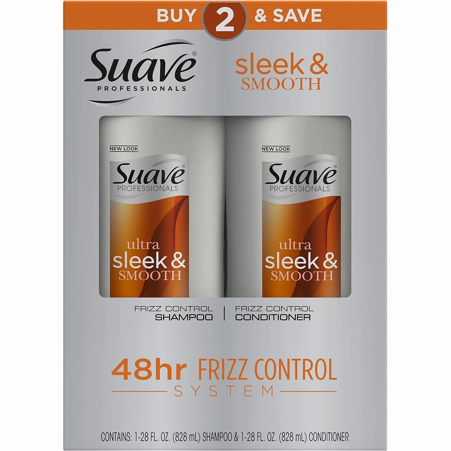 Suave Professionals Shampoo and Conditioner for Frizz Control Ultra Sleek and Smooth with Silk Protein and Vitamin E for Hair 28 Fl Oz (Pack of 2)