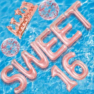 Sumind 14 Pcs 20" Sweet 16 Floating Pool Letters Inflatable Letter Glitter 16 Birthday Decorations Set with Beach Ball Pink Crown for Sweet 16 Pool Party Decorations