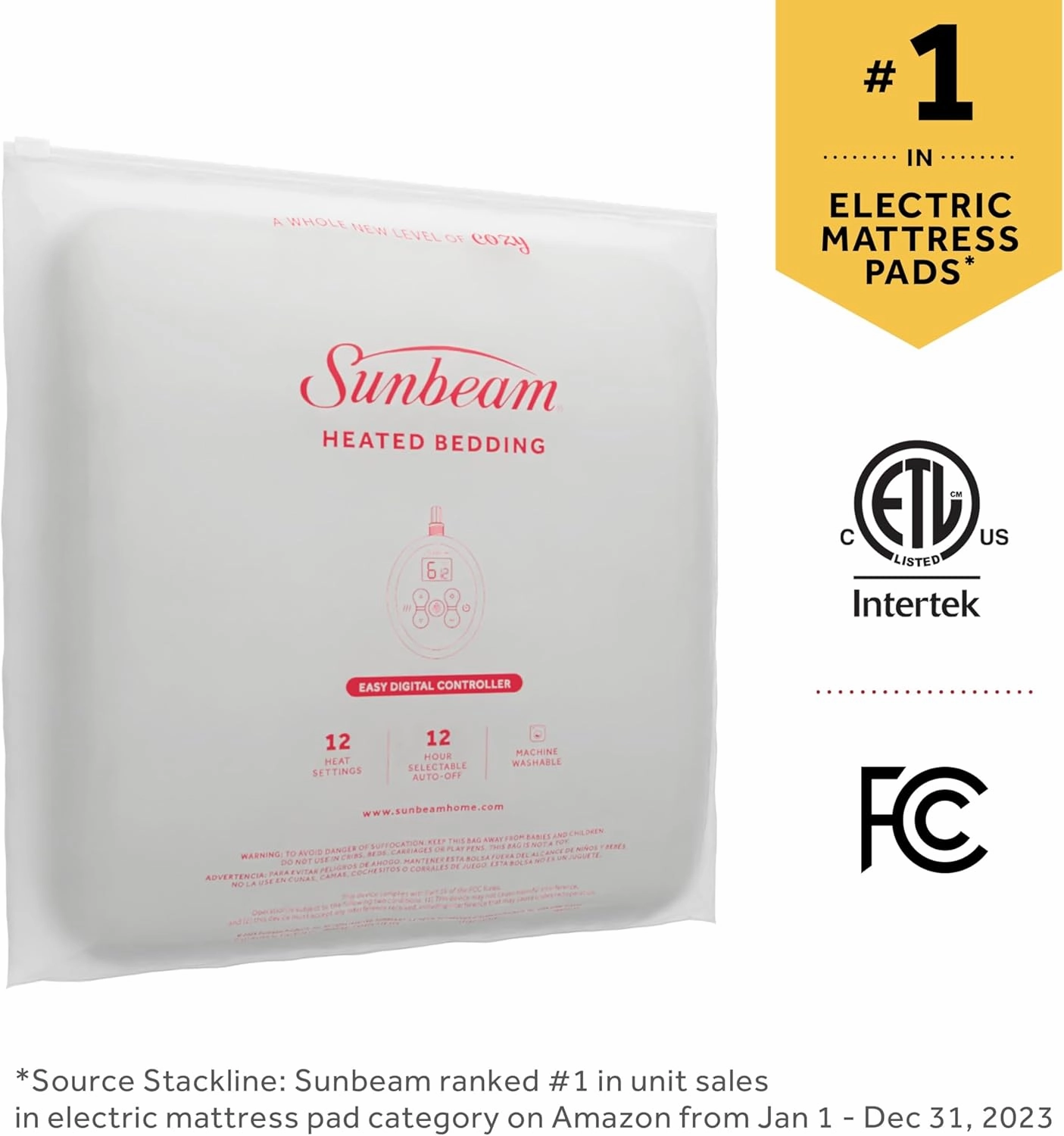 Sunbeam Restful Quilted Electric Heated Mattress Pad King Size, 76" x 80", Upgraded Memory Controller with 12 Heat Settings, 12-Hour Selectable Auto Shut-Off, Fast Heating, Machine Washable