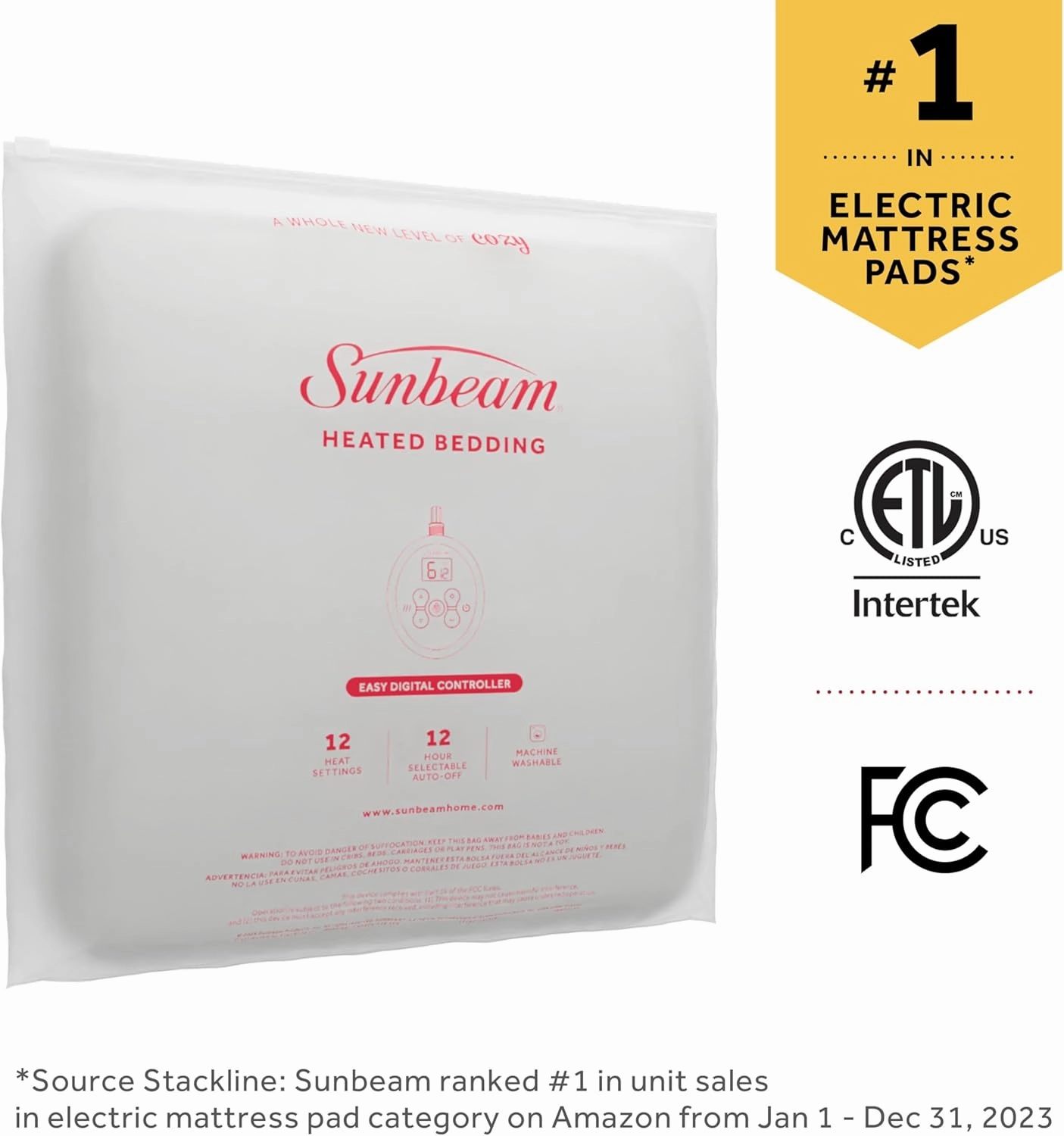 Sunbeam Restful Quilted Electric Heated Mattress Pad Queen Size, 60" x 80", Upgraded Memory Controller with 12 Heat Settings, 12-Hour Selectable Auto Shut-Off, Fast Heating, Machine Washable