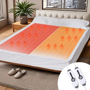 SUNNY HEAT Heated Mattress Pad Queen Size, Dual Control, 60x80inch, Fit Up to 21 Inch Deep Pocket, 4 Heating Level, 10 Hour Auto-Off, Warmming Bed, White
