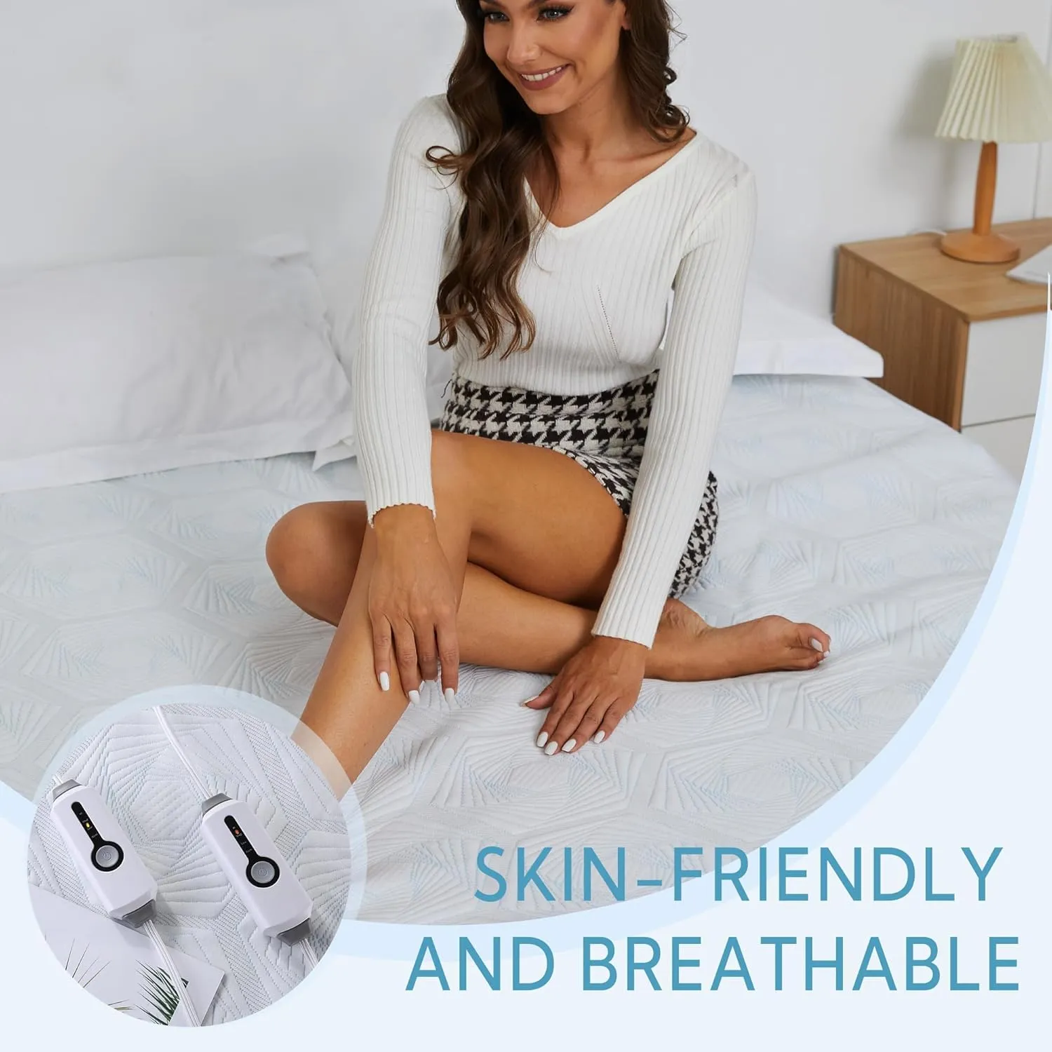 SUNNY HEAT Heated Mattress Pad Queen Size, Dual Control, 60x80inch, Fit Up to 21 Inch Deep Pocket, 4 Heating Level, 10 Hour Auto-Off, Warmming Bed, White